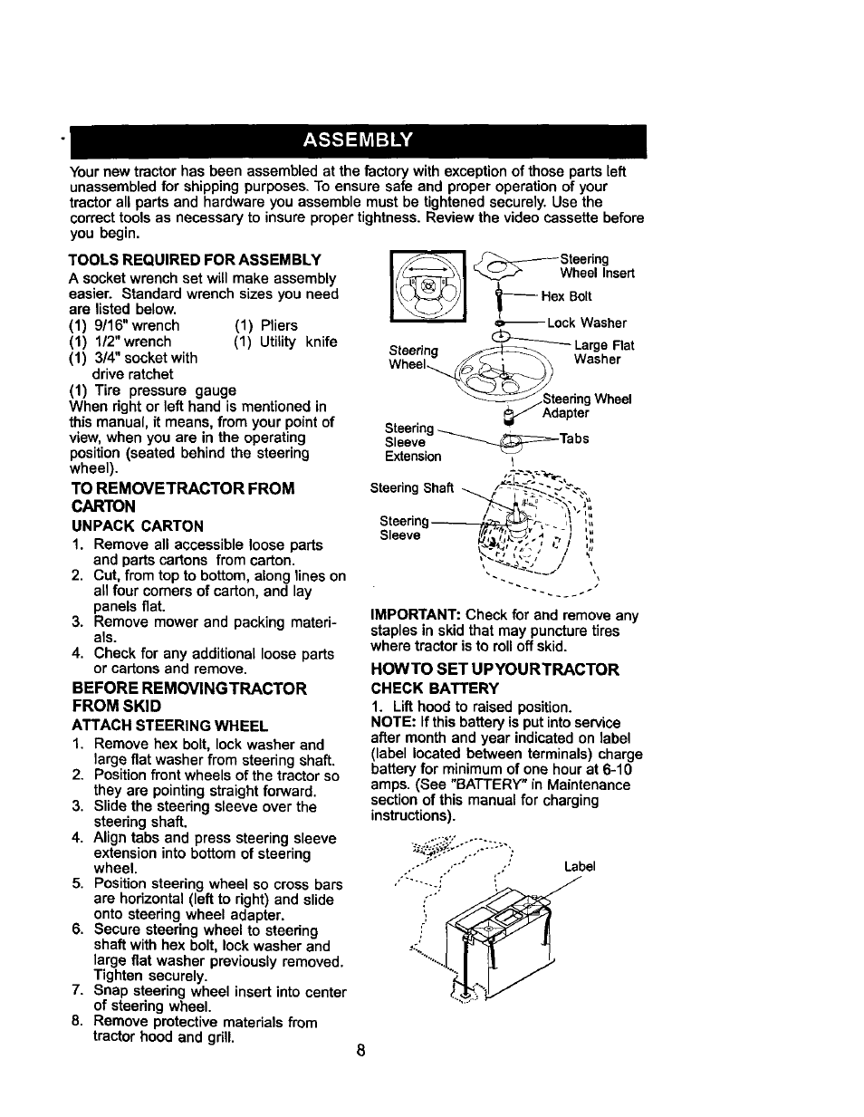 Tools required for assembly, Unpack carton, Attach steering wheel | Assembly | Craftsman 917.275031 User Manual | Page 8 / 60