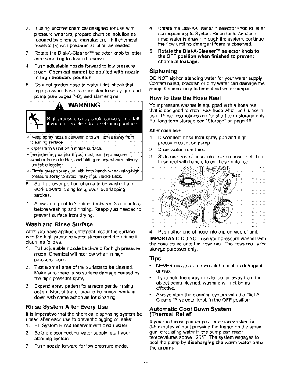 A warning, Wash and rinse surface, Rinse system after every use | Siphoning, How to use the hose reel, Tips, Automatic cool down system (thermal relief), Warning | Craftsman 580.767451 User Manual | Page 11 / 48