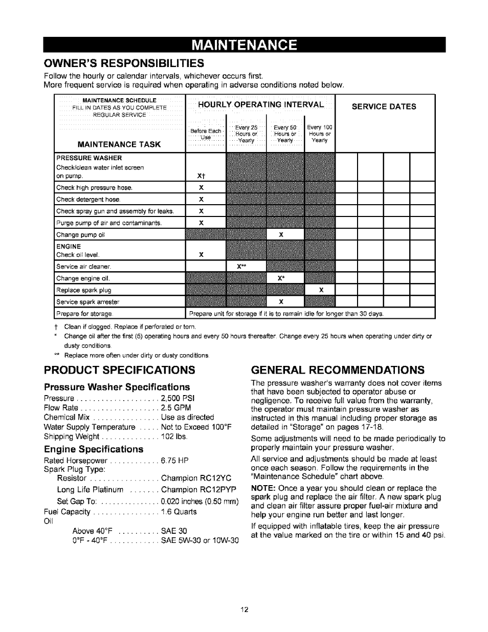 Maintenance, Owner’s responsibilities, Product specifications | Pressure washer specifications, Engine specifications, General recommendations | Craftsman 580.767451 User Manual | Page 12 / 48