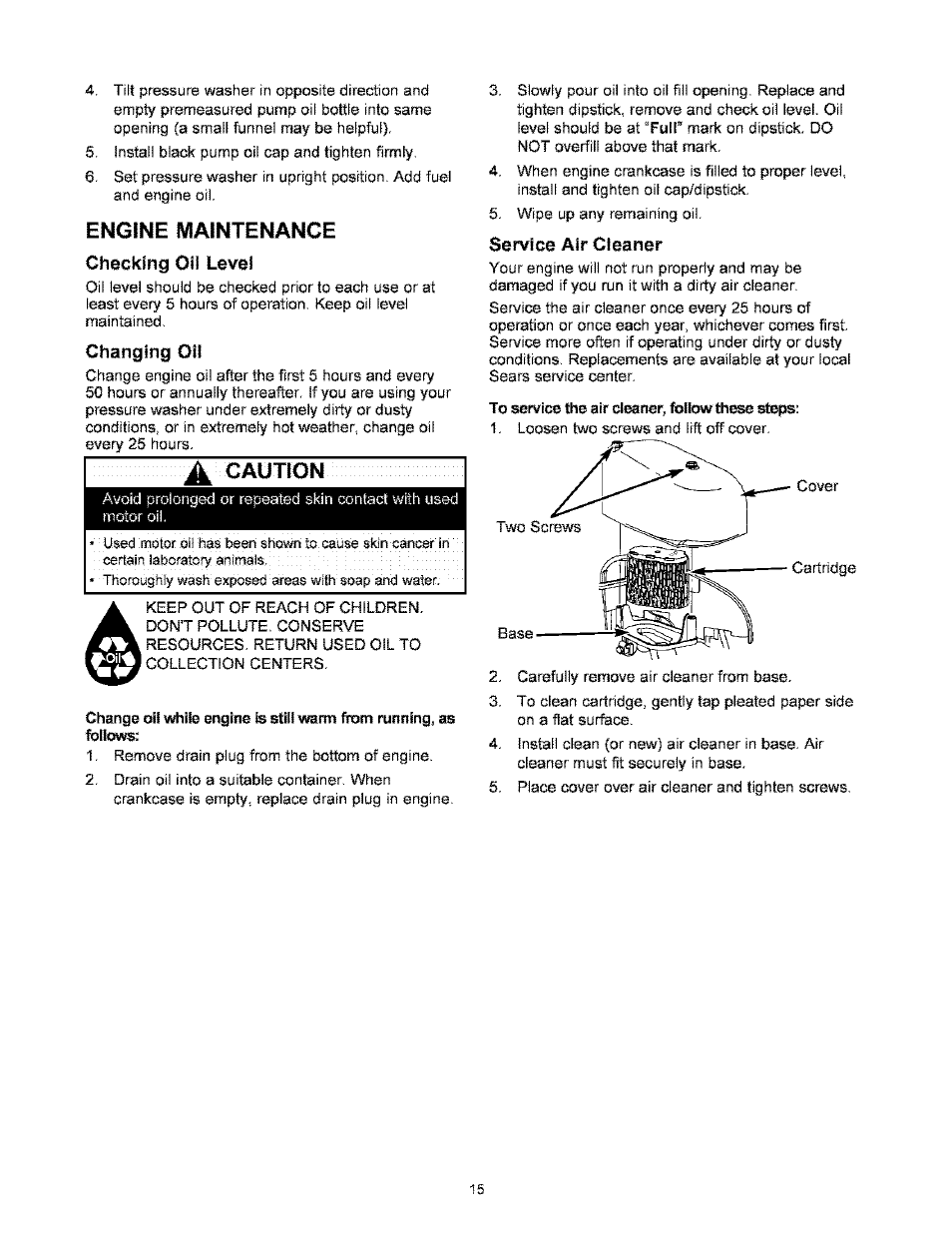 Engine maintenance, Checking oh level, Changing oil | A caution, Service air cleaner, Caution | Craftsman 580.767451 User Manual | Page 15 / 48