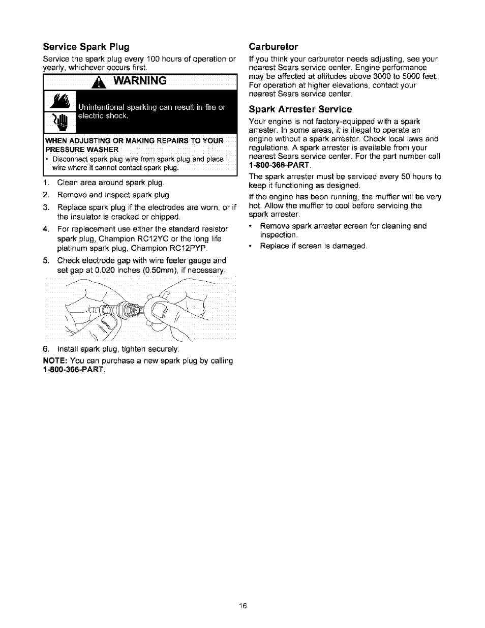 Service spark plug, Warning, Carburetor | Spark arrester service | Craftsman 580.767451 User Manual | Page 16 / 48