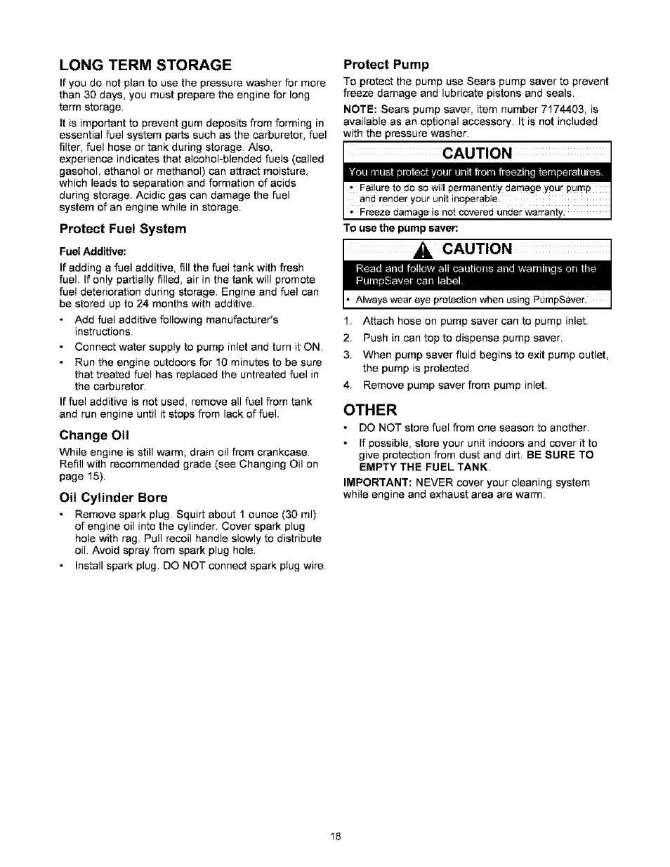 Protect fuel system, Change oil, Oil cylinder bore | Protect pump, Caution, Other | Craftsman 580.767451 User Manual | Page 18 / 48