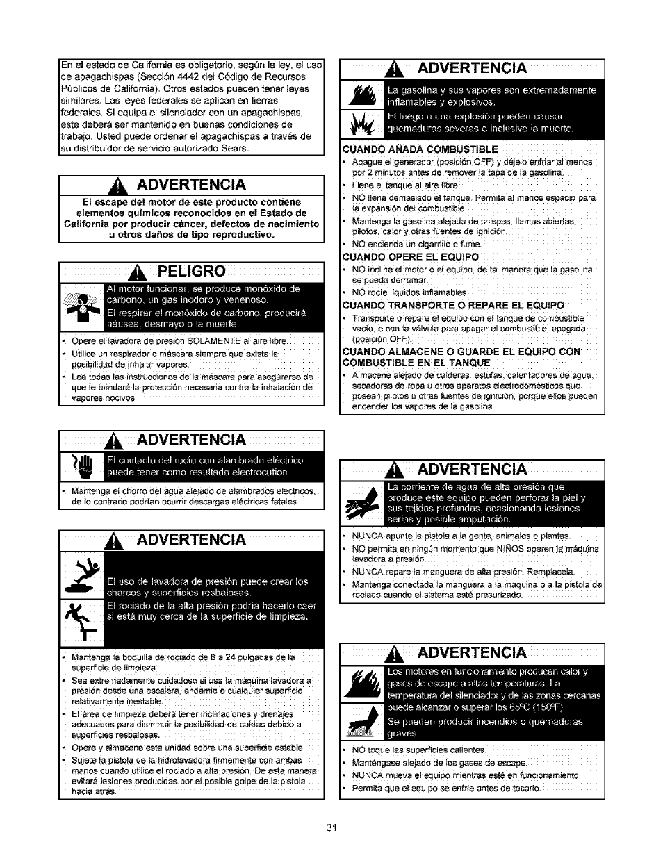 Advertencia, Д advertencia, Д advertencía | Д advertengta | Craftsman 580.767451 User Manual | Page 31 / 48