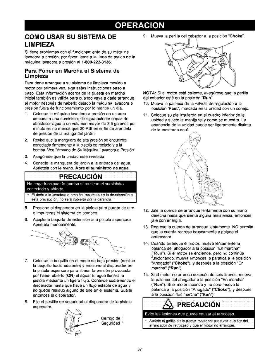 Como usar su sistema de limpieza, Para poner en marcha el sistema de limpieza, Precaucion | Operacion | Craftsman 580.767451 User Manual | Page 37 / 48