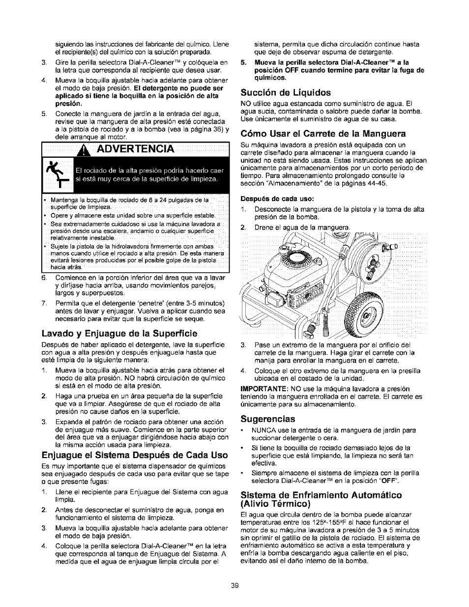 A advertencia, Lavado y enjuague de la superficie, Enjuague el sistema después de cada uso | Succión de líquidos, Cómo usar el carrete de la manguera, Sugerencias, Advertencia | Craftsman 580.767451 User Manual | Page 39 / 48