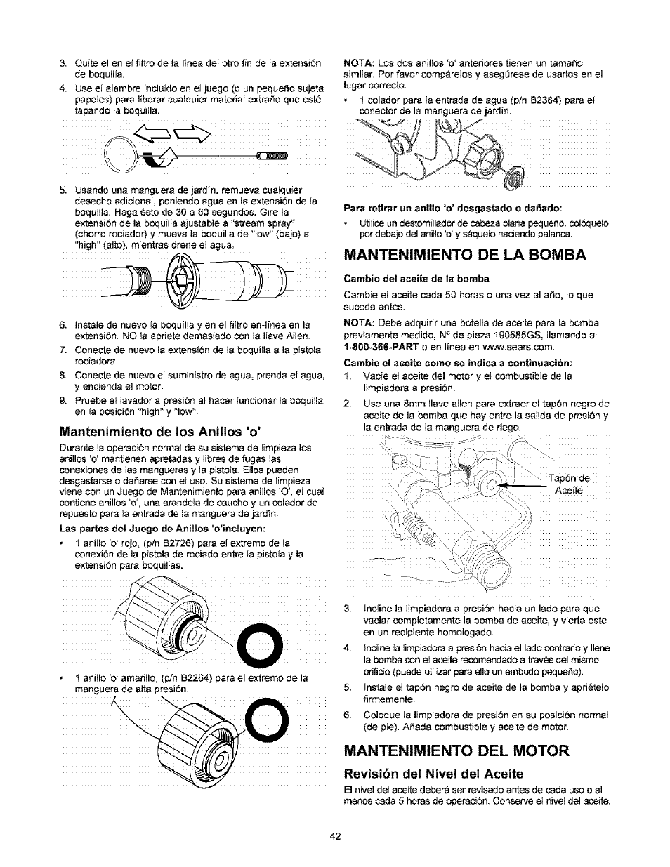 Mantenimiento de tos anillos 'o, Mantenimiento de la bomba, Mantenimiento del motor | Revisión del nivel del aceite | Craftsman 580.767451 User Manual | Page 42 / 48