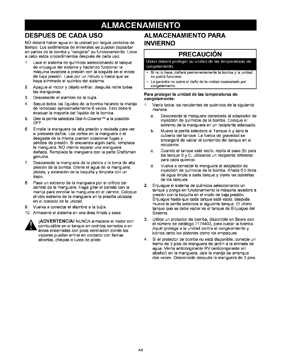 Almacenamiento, Despues de cada uso, Almacenamiento para invierno | Precaugton | Craftsman 580.767451 User Manual | Page 44 / 48