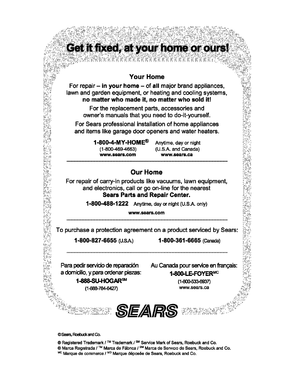 888-su-hogar, F'/; i, Sears, roebuck and ca | Au canada pour service en frangais: l-ooo-le-foyer | Craftsman 580.767451 User Manual | Page 48 / 48