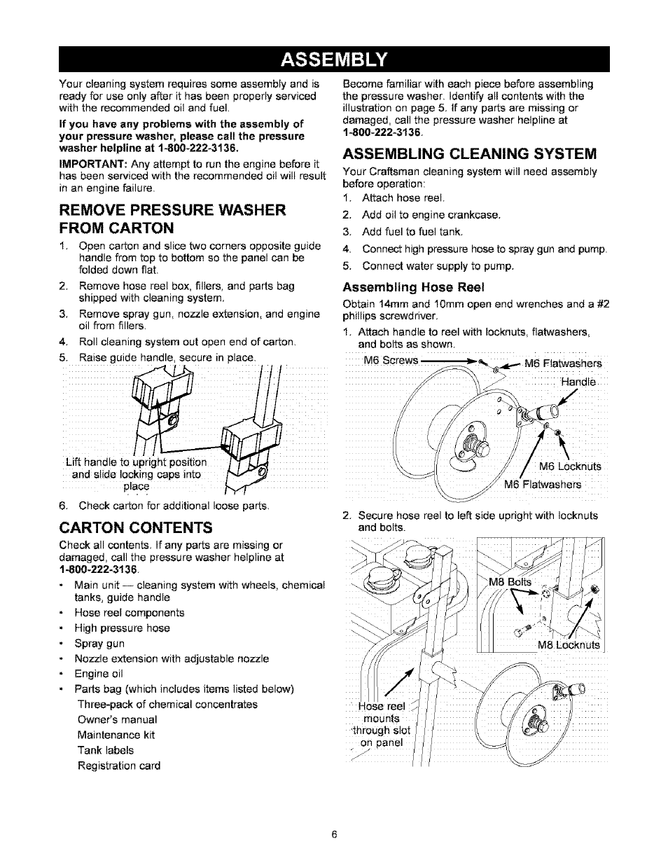 Assembly, Remove pressure washer from carton, Carton contents | Assembling cleaning system, Assembling hose reel | Craftsman 580.767451 User Manual | Page 6 / 48