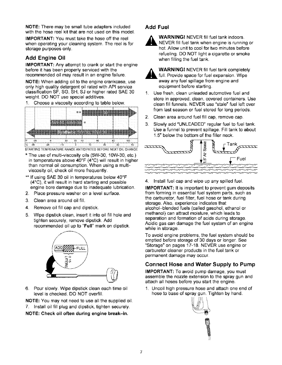 Add engine oil, Add fuel, Connect hose and water supply to pump | Craftsman 580.767451 User Manual | Page 7 / 48