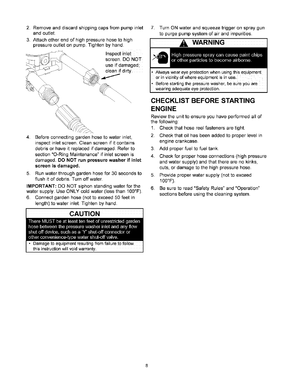 Caution, A warning, Checklist before starting engine | Warning | Craftsman 580.767451 User Manual | Page 8 / 48