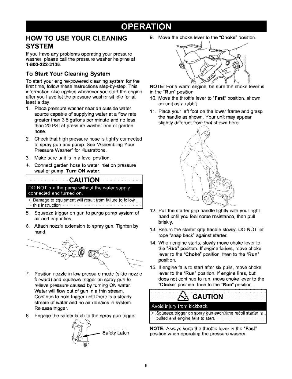 Operation, How to use your cleaning system, To start your cleaning system | Caution | Craftsman 580.767451 User Manual | Page 9 / 48