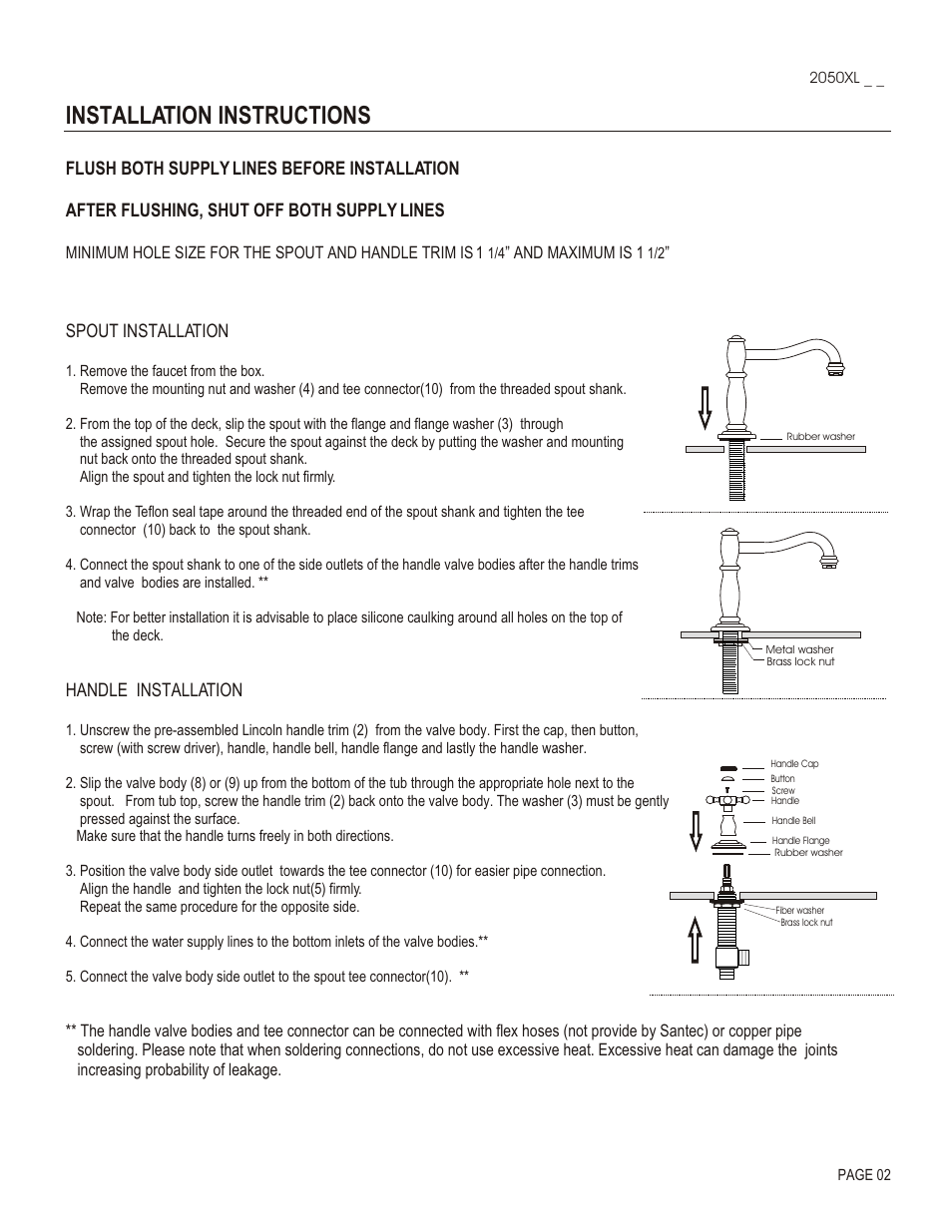 Installation instructions, Spout installation, Handle installation | Santec 2050XL User Manual | Page 2 / 4