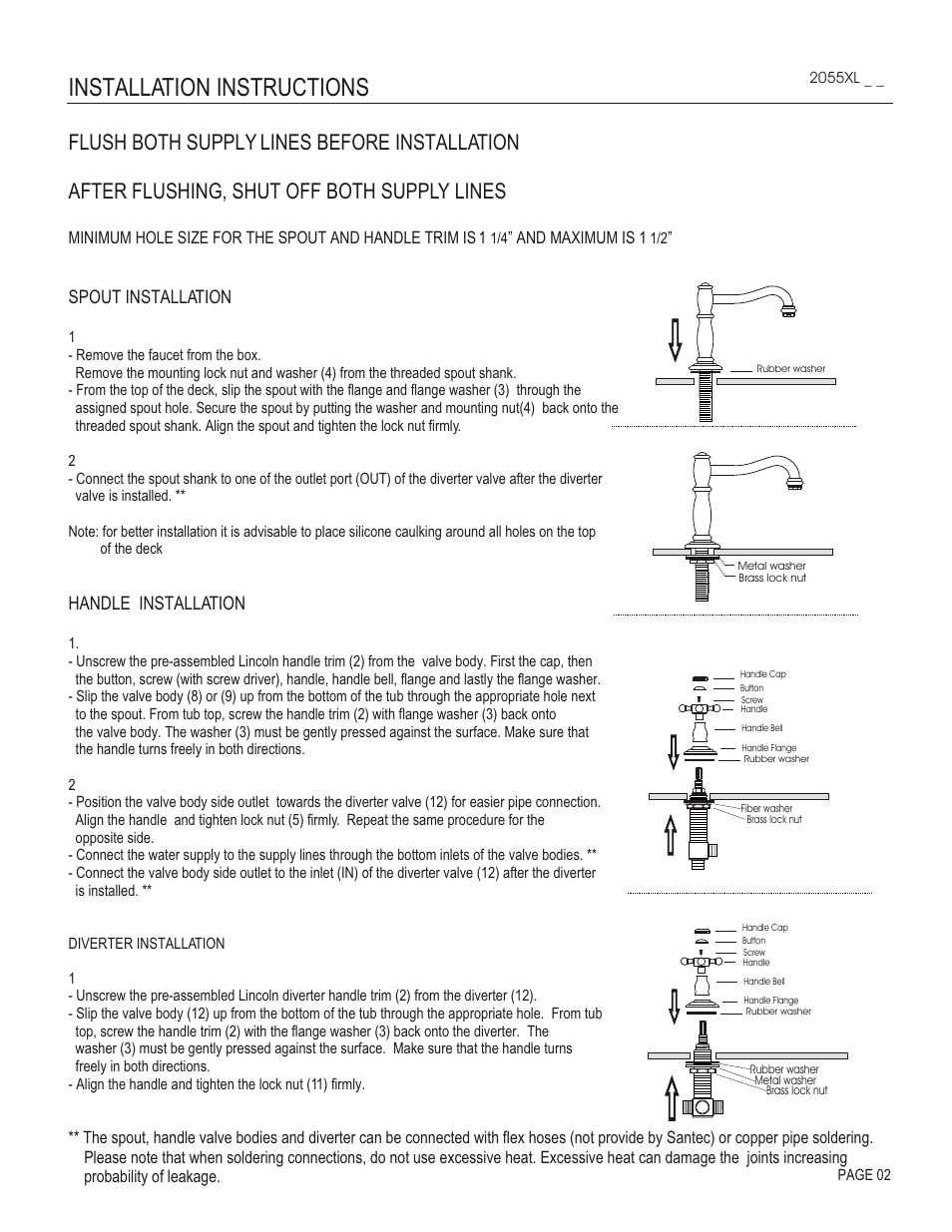 Installation instructions, Spout installation, Handle installation | And maximum is 1 | Santec 2055XL User Manual | Page 2 / 4
