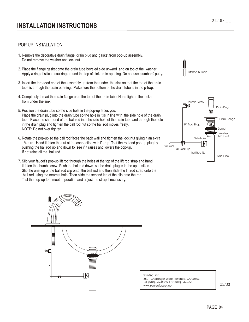 Installation instructions, Pop up installation, Page 04 | Santec 2120LS User Manual | Page 4 / 4