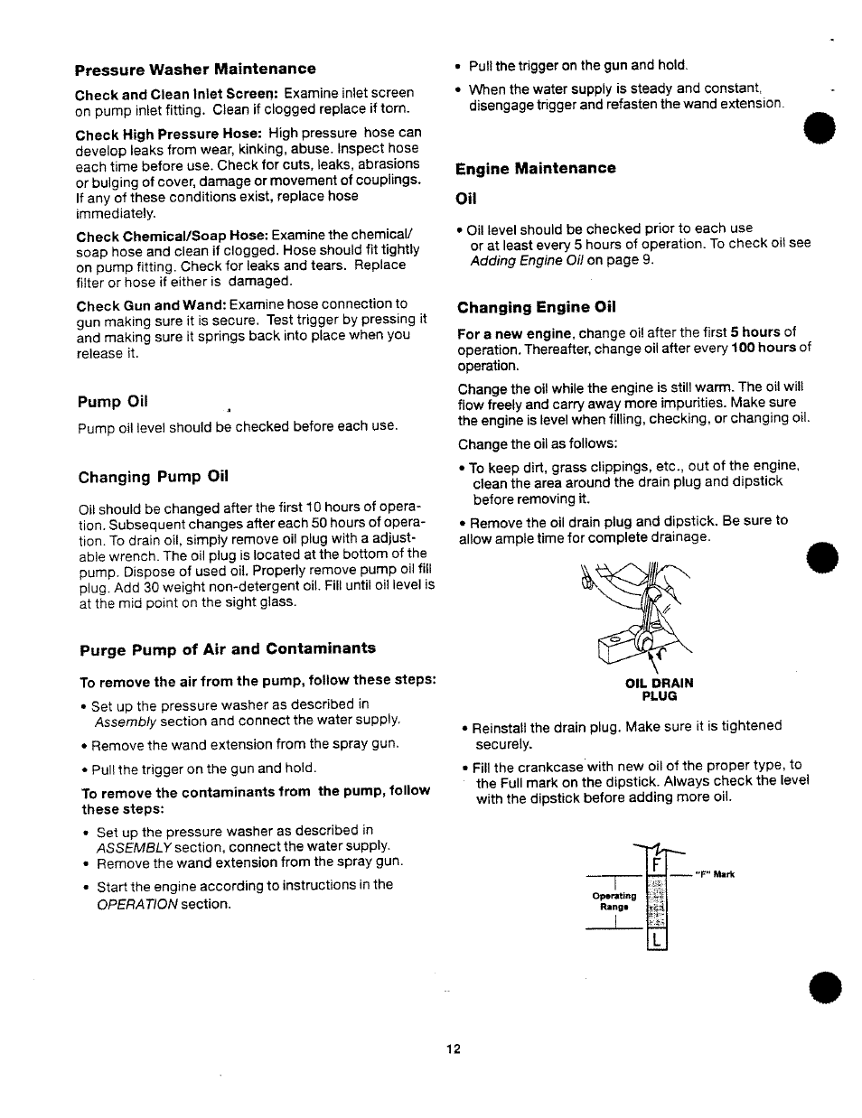 Pump oil, Changing pump oil, Purge pump of air and contaminants | Engine maintenance oh, Changing engine oil | Craftsman 919.763500 User Manual | Page 12 / 30