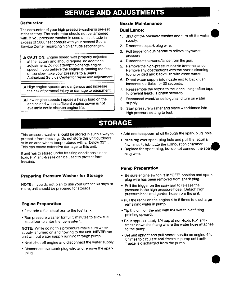 Service and adjustments, Carburetor, Nozzle maintenance dual lance | Preparing pressure washer for storage, Engine preparation, Pump preparation | Craftsman 919.763500 User Manual | Page 14 / 30