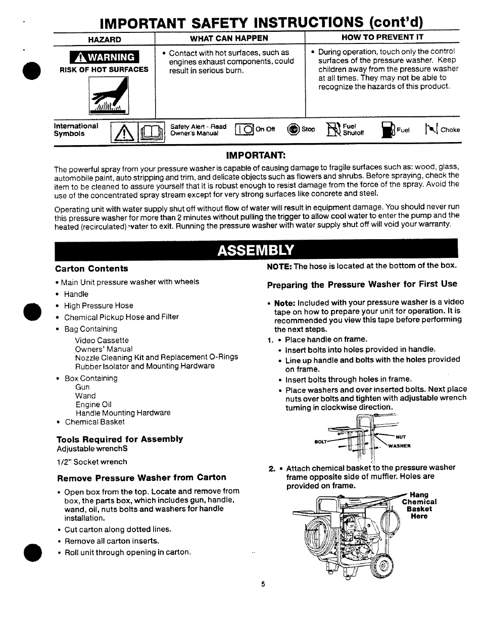 Important safety instructions {contad), Mportan"n, Assembly | Carton contents, Tools required for assembly, Remove pressure washer from carton | Craftsman 919.763500 User Manual | Page 5 / 30