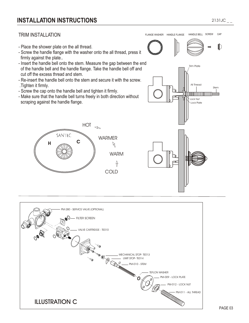 Installation instructions, Illustration c, Trim installation | Cold warm warmer hot | Santec 2131JC User Manual | Page 3 / 4