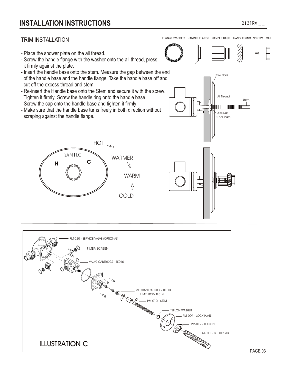 Installation instructions, Illustration c, Trim installation | Cold warm warmer hot | Santec 2131RX User Manual | Page 3 / 4