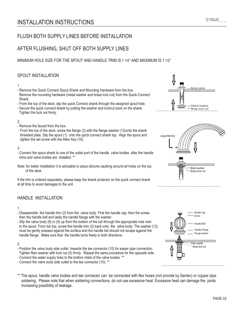 Installation instructions, Spout installation, Handle installation | Santec 2150JC User Manual | Page 2 / 4