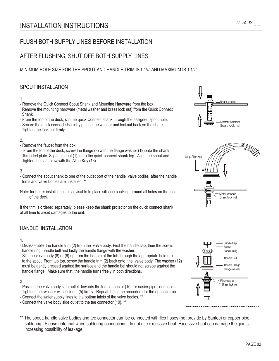 Installation instructions, Spout installation, Handle installation | Santec 2150RX User Manual | Page 2 / 4