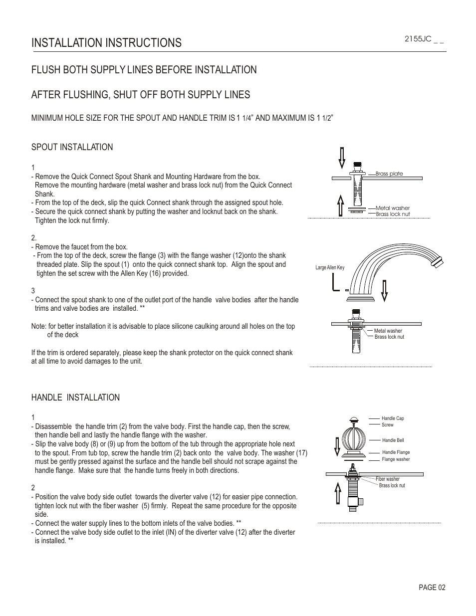 Installation instructions, Spout installation, Handle installation | Santec 2155JC User Manual | Page 2 / 4