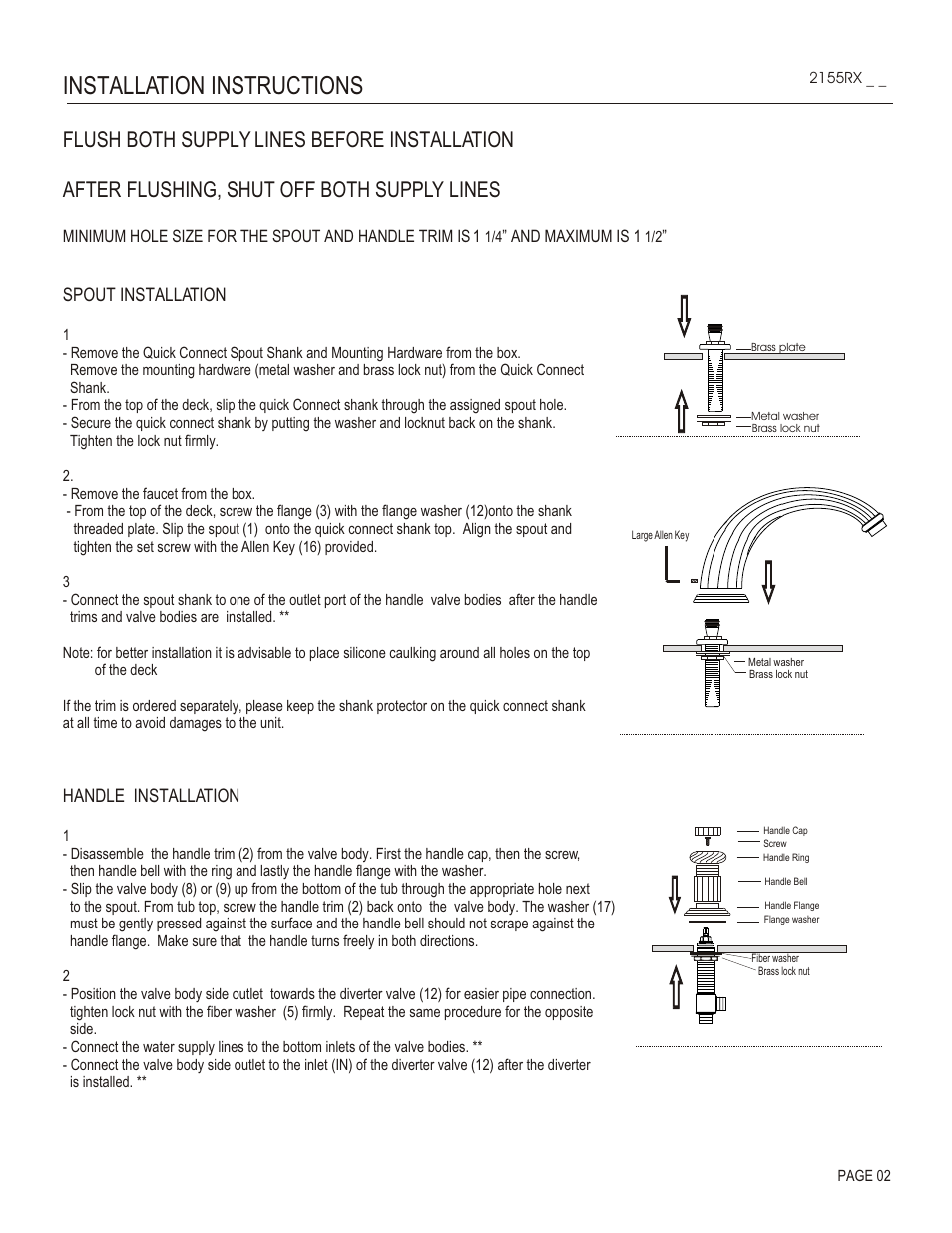 Installation instructions, Spout installation, Handle installation | Santec 2155RX User Manual | Page 2 / 4
