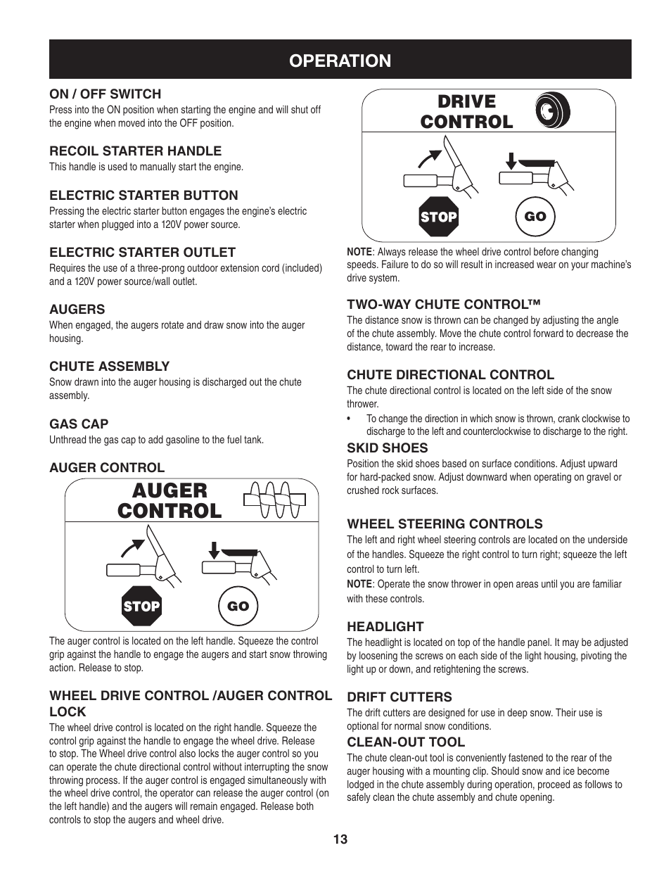 Auger control, Drive control, Operation | Craftsman 247.88845 User Manual | Page 13 / 64