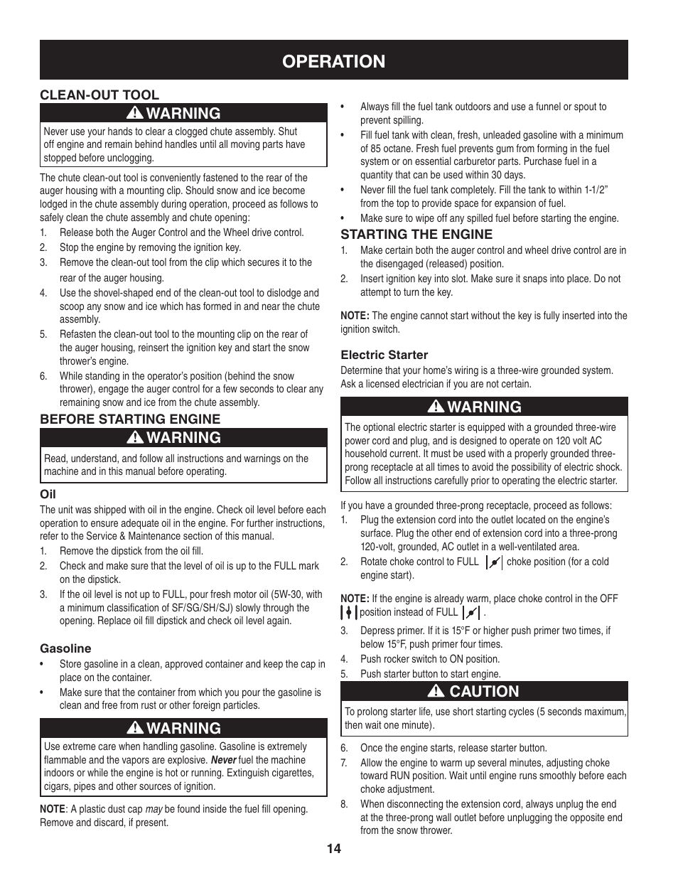 Operation, Caution, Warning | Craftsman 247.88845 User Manual | Page 14 / 64