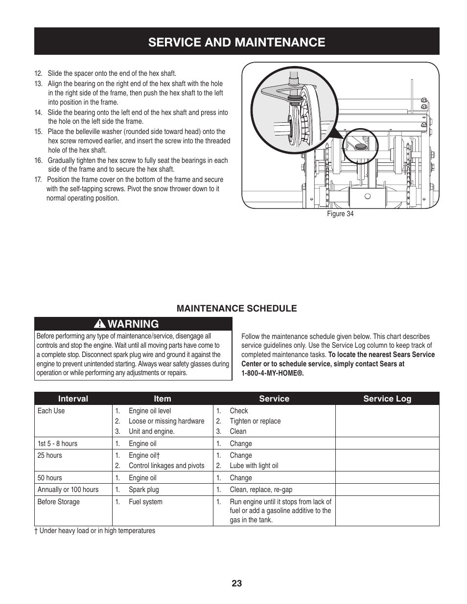 Service and maintenance, Warning | Craftsman 247.88845 User Manual | Page 23 / 64