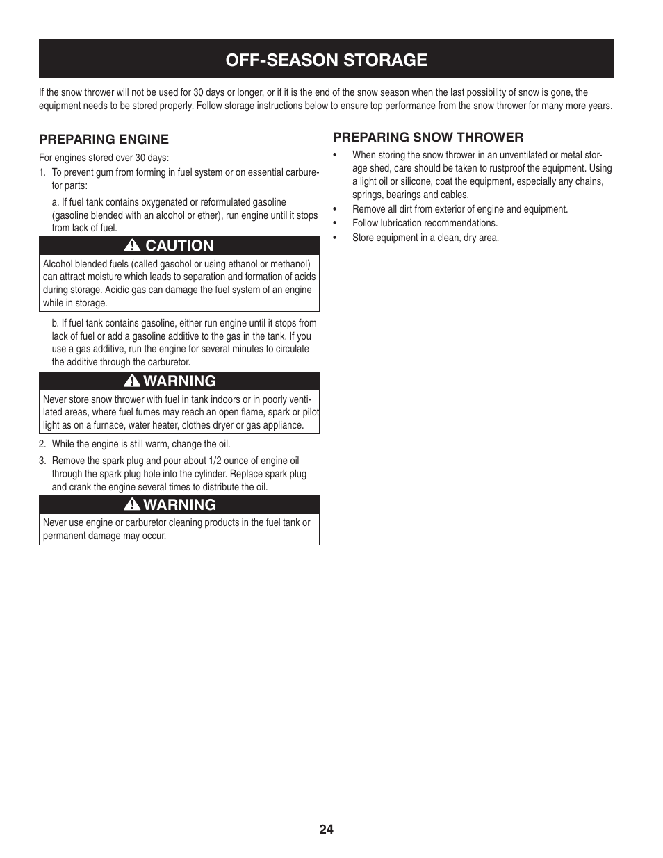 Off-season storage, Warning, Caution | Craftsman 247.88845 User Manual | Page 24 / 64