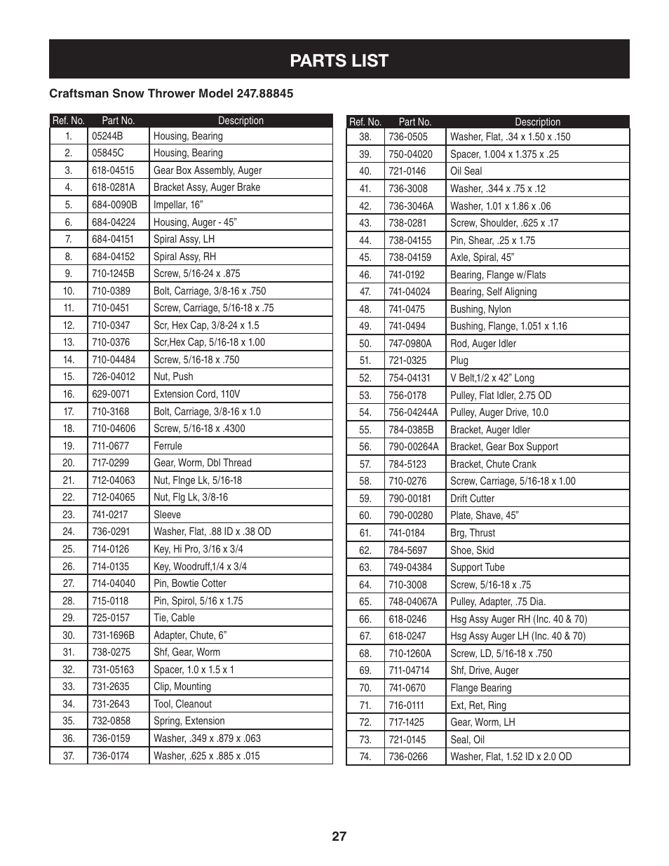 Parts list | Craftsman 247.88845 User Manual | Page 27 / 64