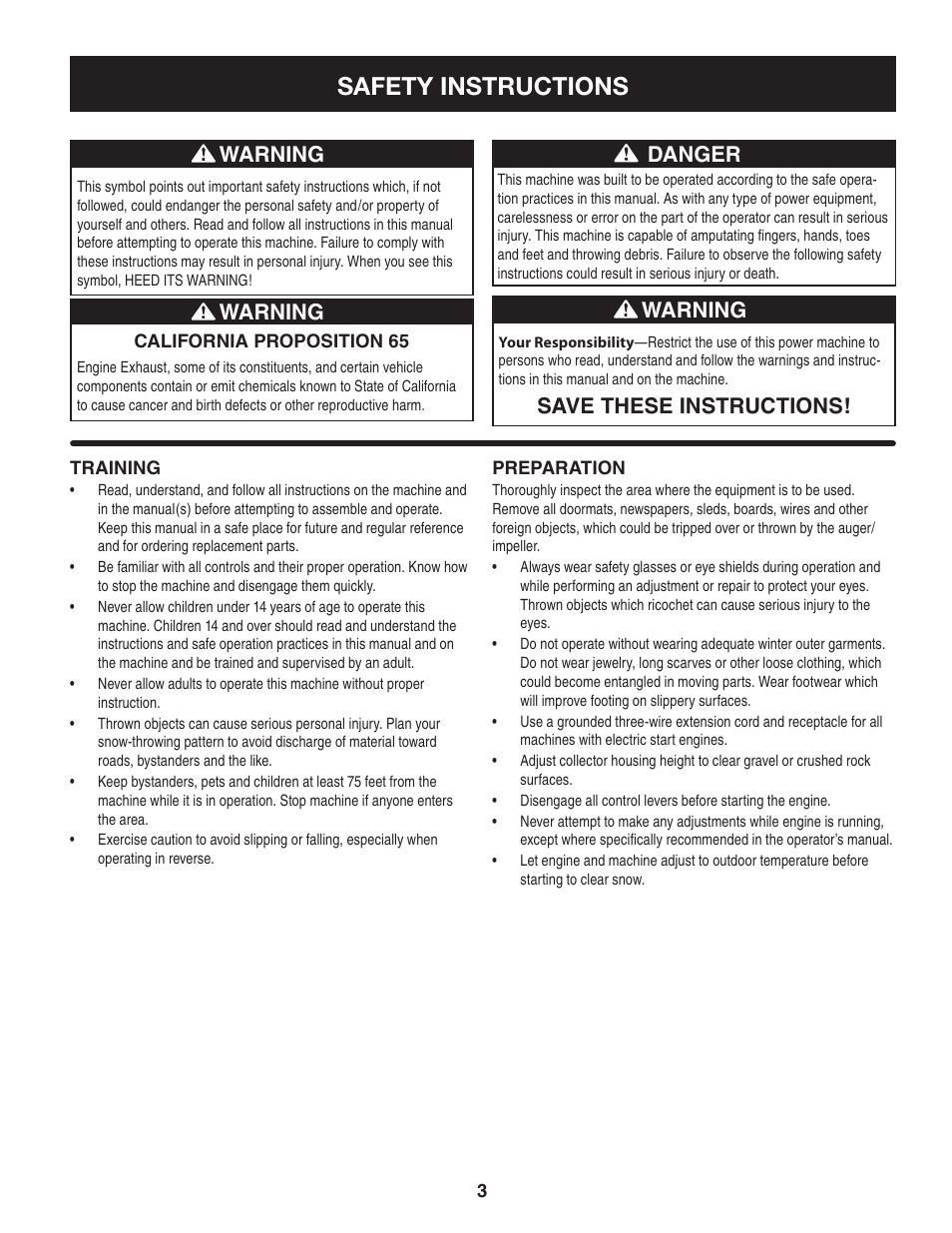 Safety instructions, Warning, Save these instructions! warning | Danger | Craftsman 247.88845 User Manual | Page 3 / 64