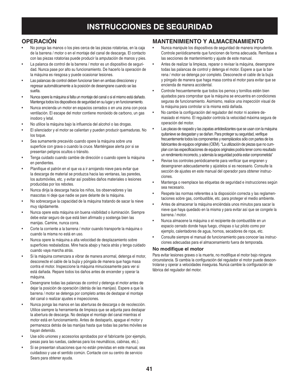 Instrucciones de seguridad, Operación, Mantenimiento y almacenamiento | Craftsman 247.88845 User Manual | Page 41 / 64