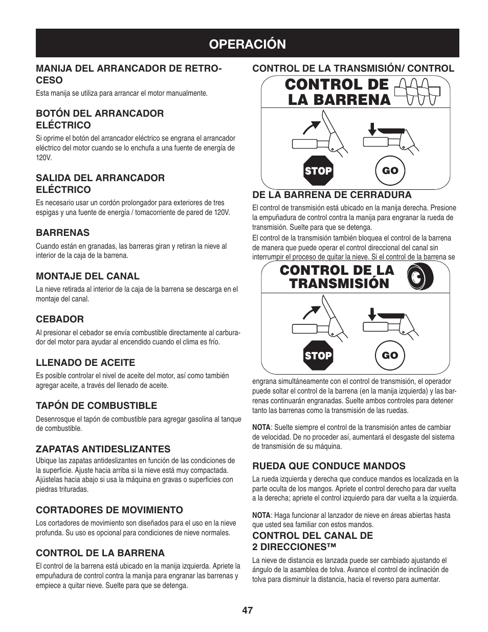 Control de la barrena, Control de la transmisión, Operación | Craftsman 247.88845 User Manual | Page 47 / 64