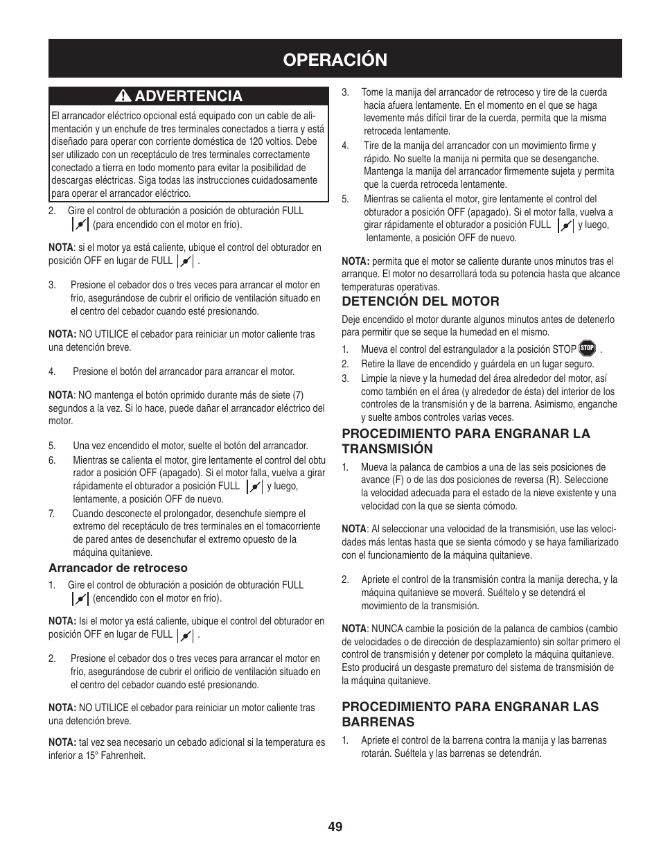 Operación, Advertencia | Craftsman 247.88845 User Manual | Page 49 / 64