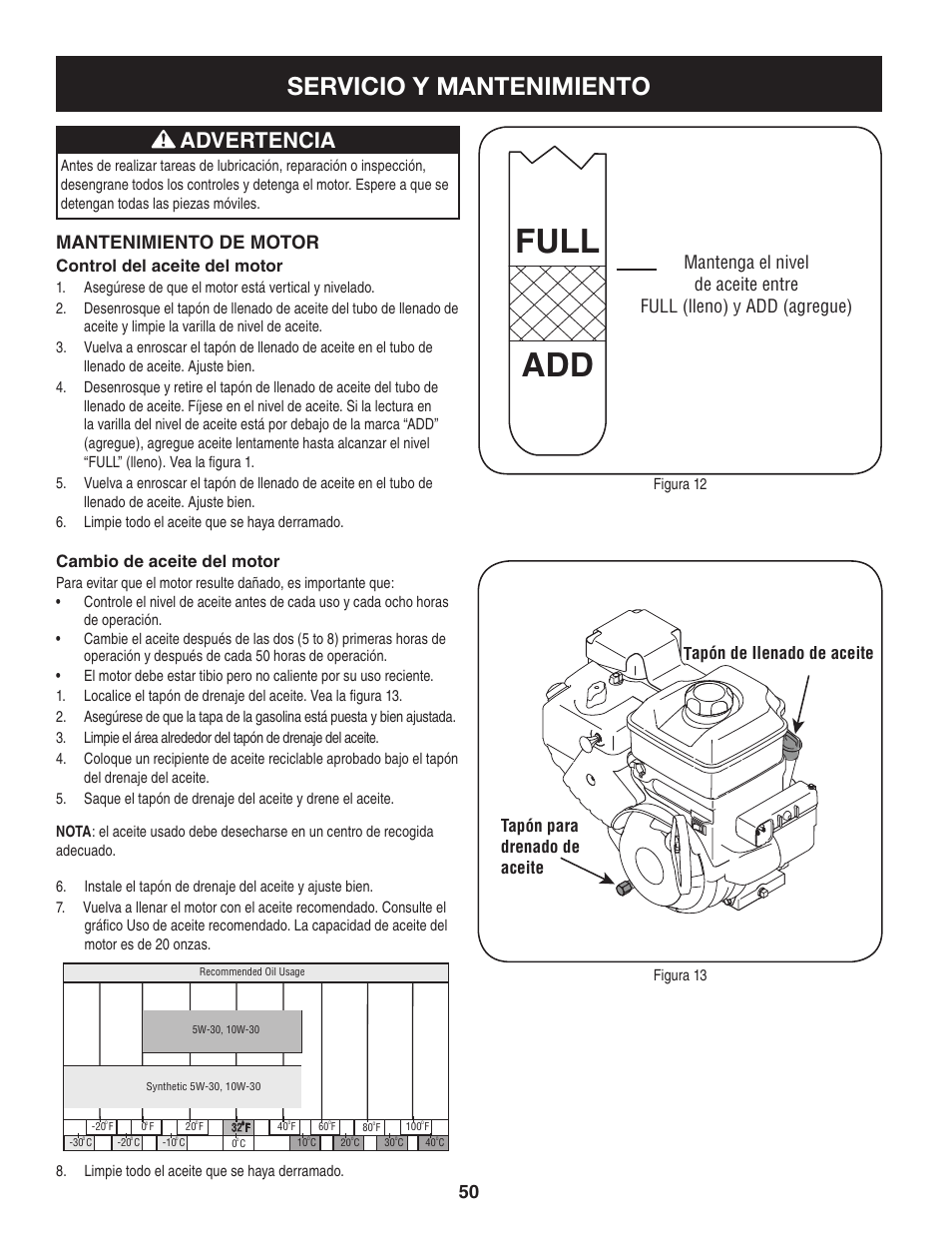 Full add, Servicio y mantenimiento, Advertencia | Mantenimiento de motor, Control del aceite del motor, Cambio de aceite del motor | Craftsman 247.88845 User Manual | Page 50 / 64