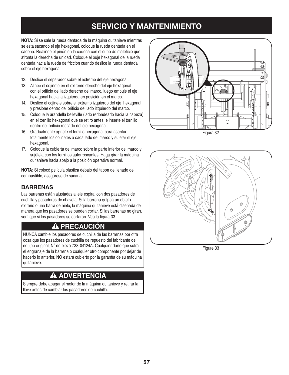 Servicio y mantenimiento, Precaución advertencia | Craftsman 247.88845 User Manual | Page 57 / 64