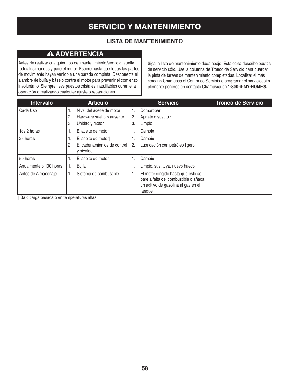 Servicio y mantenimiento, Advertencia | Craftsman 247.88845 User Manual | Page 58 / 64