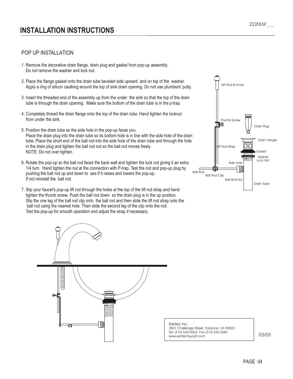 Installation instructions, Pop up installation, Page 04 | Santec 2220LM User Manual | Page 4 / 4