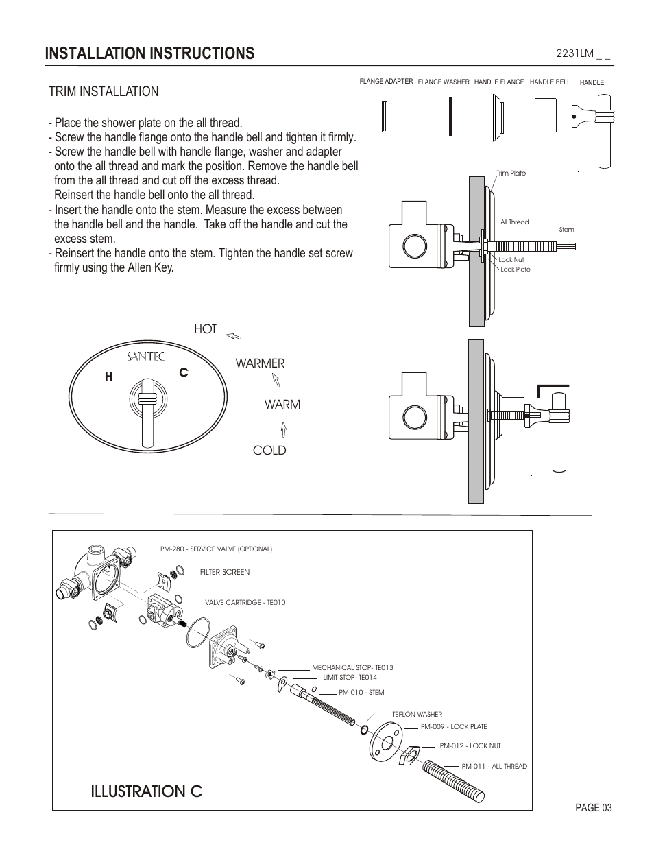 Installation instructions, Illustration c, Trim installation | Cold warm warmer hot | Santec 2231LM User Manual | Page 3 / 4