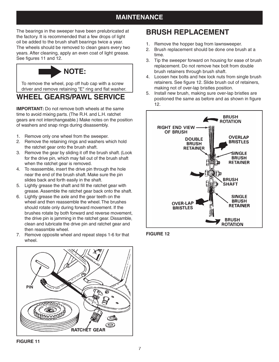 Wheel gears/pawl service, Brush replacement, Maintenance | Craftsman 486.240362 User Manual | Page 7 / 12