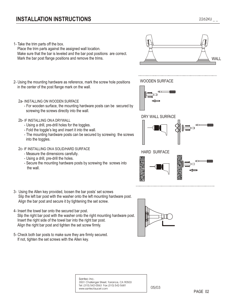 Installation instructions | Santec 2262KU User Manual | Page 2 / 3