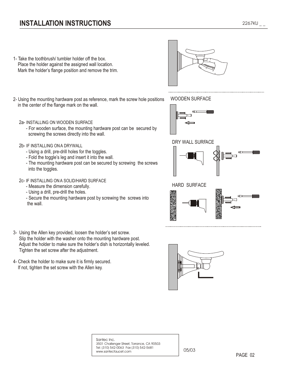 Installation instructions | Santec 2267KU User Manual | Page 2 / 3