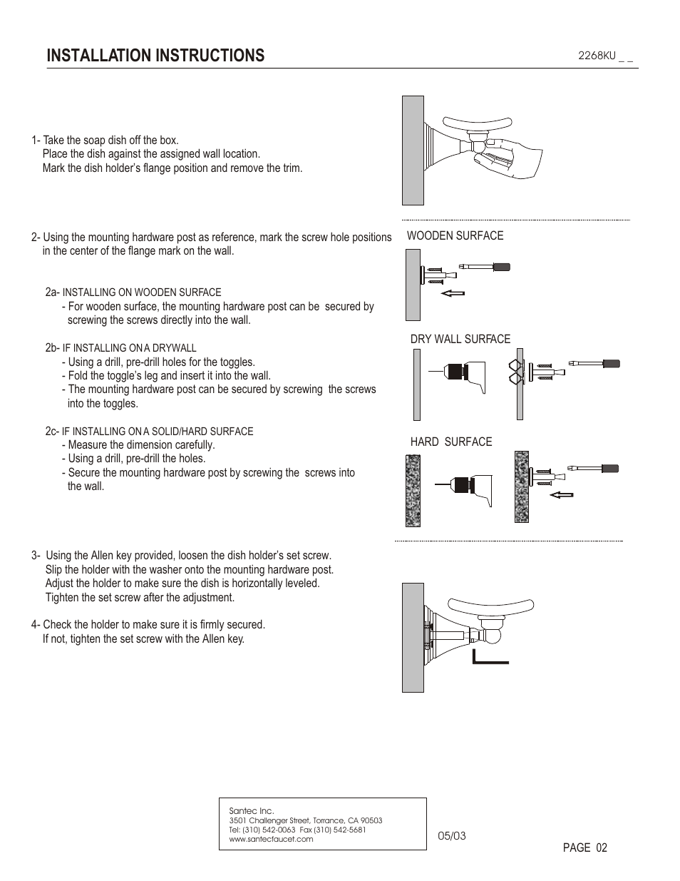 Installation instructions | Santec 2268KU User Manual | Page 2 / 3