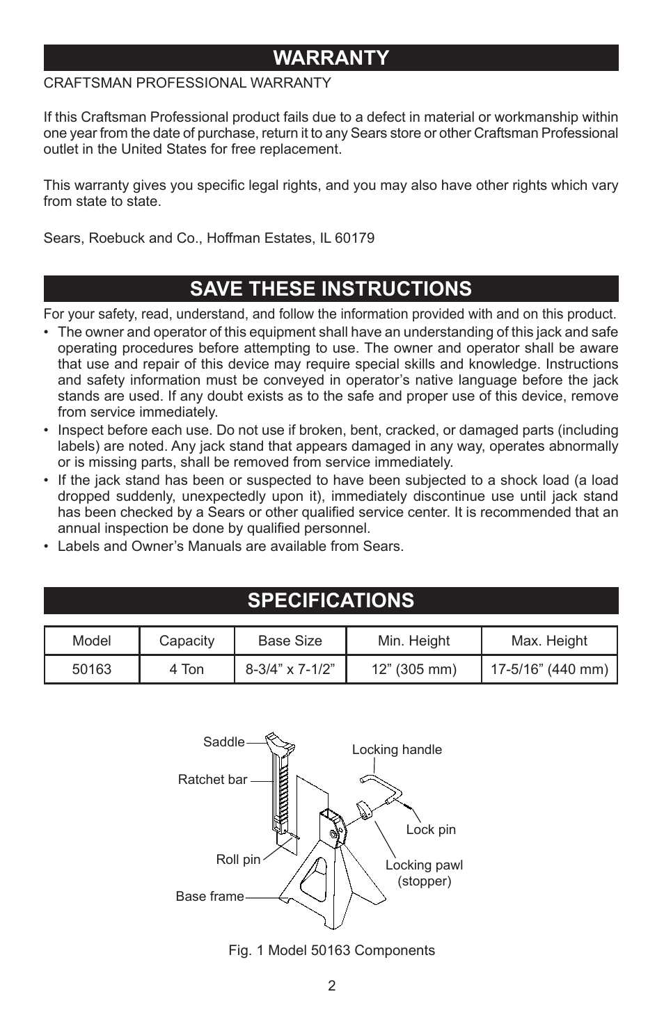 Warranty, Save these instructions, Specifications | Craftsman 50163 User Manual | Page 2 / 4