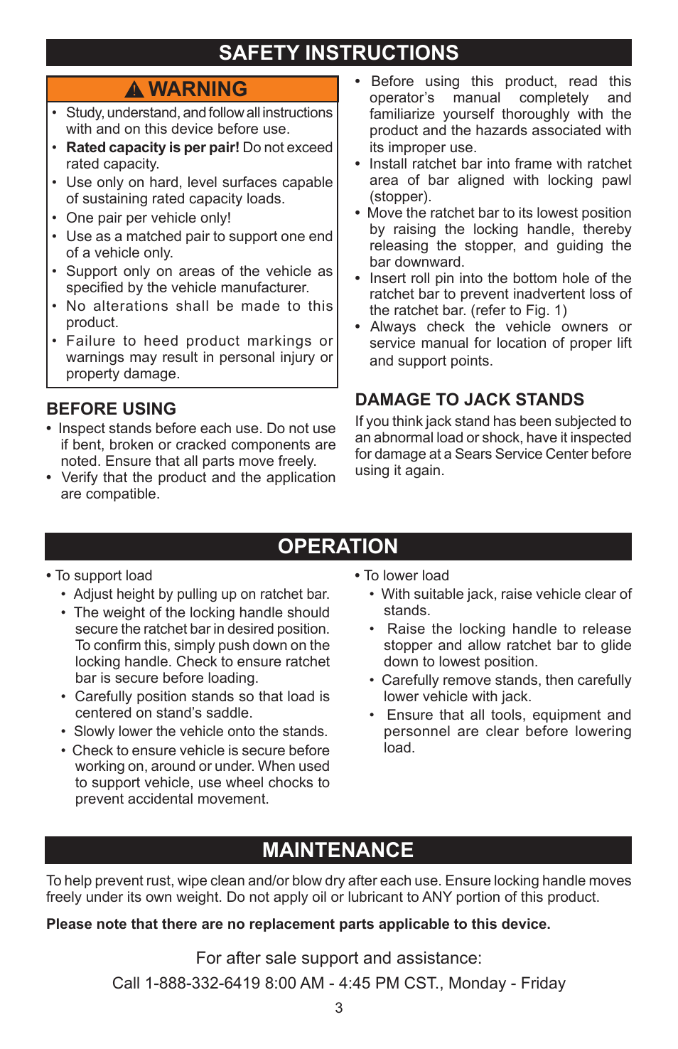 Safety instructions, Warning, Operation | Maintenance | Craftsman 50163 User Manual | Page 3 / 4