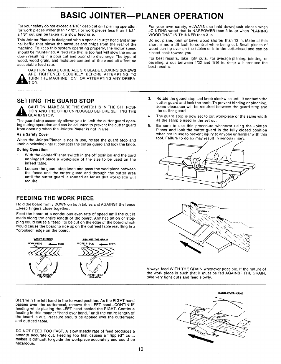 Basic jointer—planer operation, Basic jointer-planer operation -12, Setting the guard stop | Feeding the work piece | Craftsman 149.236321 User Manual | Page 10 / 16