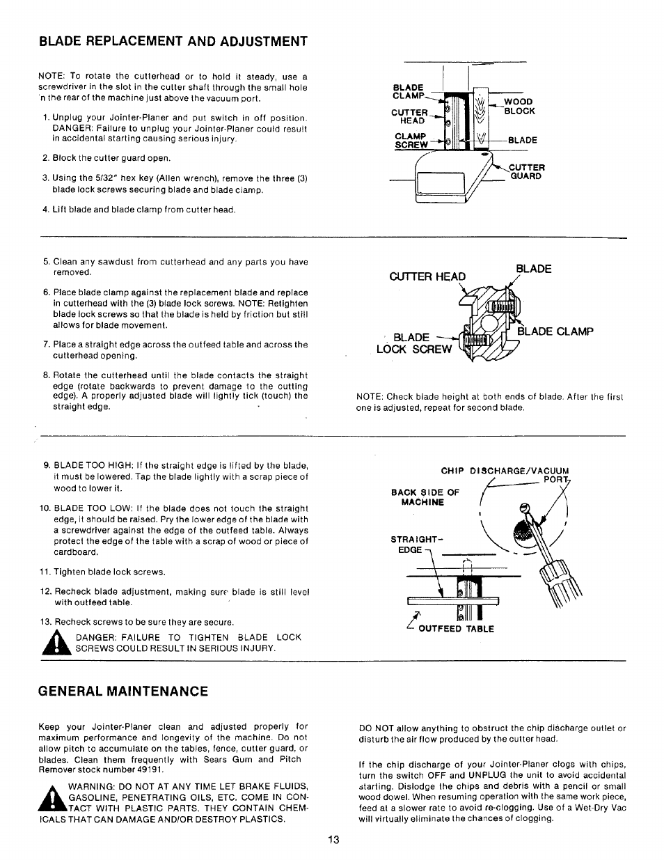 Blade replacement and adjustment, General maintenance | Craftsman 149.236321 User Manual | Page 13 / 16